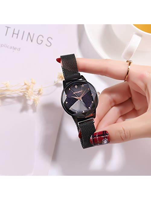 RORIOS Simple Women Wristwatch Shining Starry Sky Dial Mesh Band Buckle Easily Use Simulated Diamond Ladies Watch