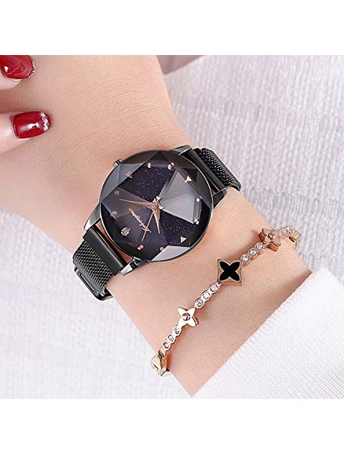 RORIOS Simple Women Wristwatch Shining Starry Sky Dial Mesh Band Buckle Easily Use Simulated Diamond Ladies Watch