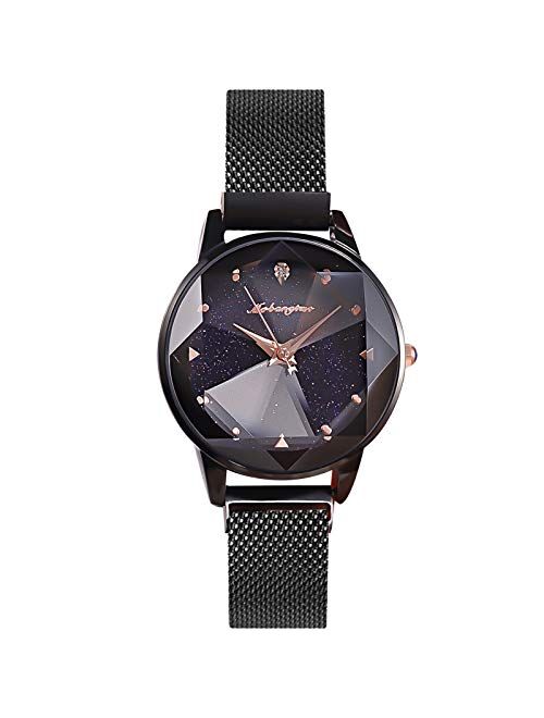 RORIOS Simple Women Wristwatch Shining Starry Sky Dial Mesh Band Buckle Easily Use Simulated Diamond Ladies Watch