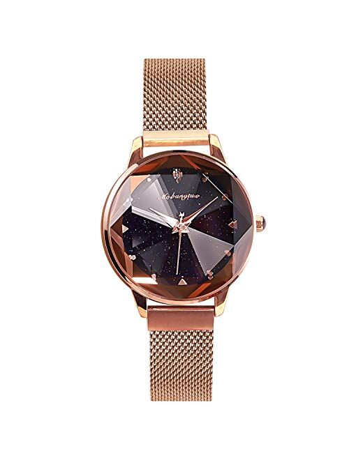 RORIOS Simple Women Wristwatch Shining Starry Sky Dial Mesh Band Buckle Easily Use Simulated Diamond Ladies Watch