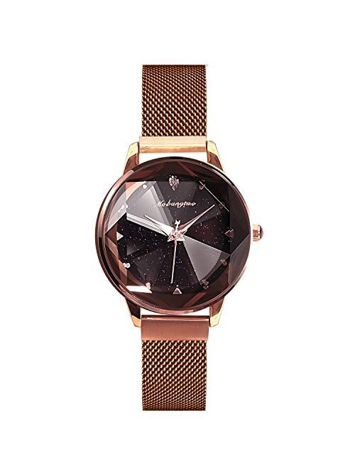 RORIOS Simple Women Wristwatch Shining Starry Sky Dial Mesh Band Buckle Easily Use Simulated Diamond Ladies Watch