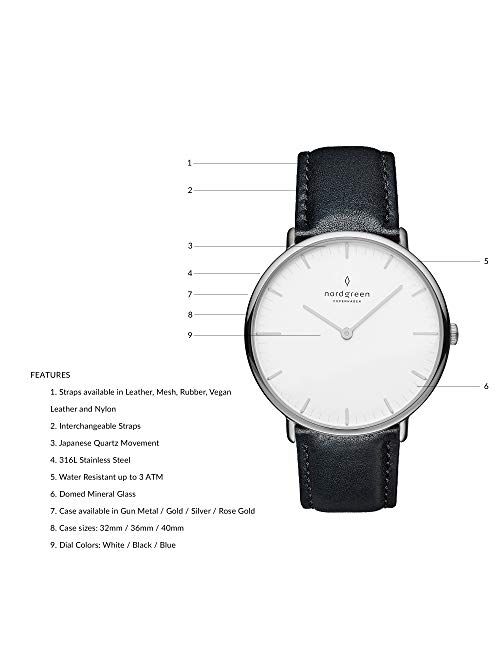 Nordgreen Native Scandinavian Silver Analog Watch with Leather or Mesh Interchangeable Straps