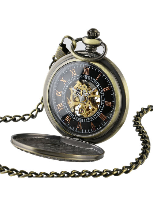 Mens Mechanical Pocket Watch Train Design Black Dial Retro Chain Gift  Golden