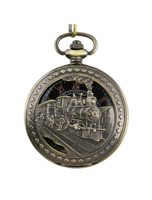 Mens Mechanical Pocket Watch Train Design Black Dial Retro Chain Gift  Golden