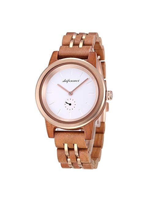 Wooden Watch Women, shifenmei Lightweight Ladies Watch Handmade Personalized Engraved Wood Watch for Women Analog Quartz Custom Wrist Watches with Natural Exquisite Box