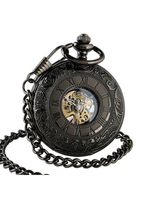 Black Dial Half Hunter Mechanical Pocket Watch White Hands Roman Numerals Mens