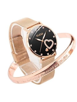 Ladies Watches Rose Gold Stainless Steel Mesh Strap Diamond Fashion Dress Japanese Quartz Waterproof Luminous Love Bracelet Sets