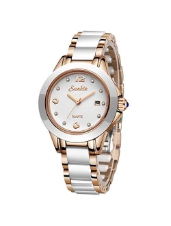 LIGE Women's Watches Fashion Casual Lightweight Analog Quartz Watch for Women Waterproof Ceramic Band Simple Elegant Thin Ladies Watch Luxury Business Calendar Rose Gold 