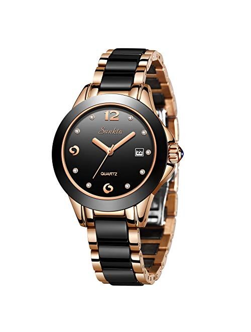 LIGE Women's Watches Fashion Casual Lightweight Analog Quartz Watch for Women Waterproof Ceramic Band Simple Elegant Thin Ladies Watch Luxury Business Calendar Rose Gold 