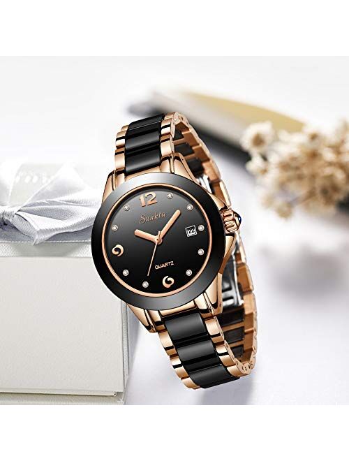 LIGE Women's Watches Fashion Casual Lightweight Analog Quartz Watch for Women Waterproof Ceramic Band Simple Elegant Thin Ladies Watch Luxury Business Calendar Rose Gold 