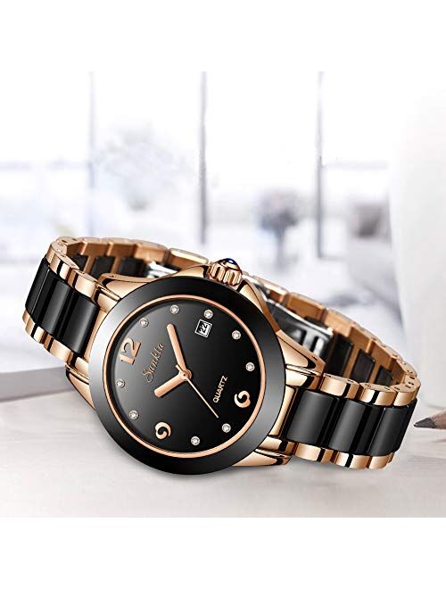 LIGE Women's Watches Fashion Casual Lightweight Analog Quartz Watch for Women Waterproof Ceramic Band Simple Elegant Thin Ladies Watch Luxury Business Calendar Rose Gold 