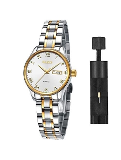 Luxury Ladies Watches,Women's Watch with Day and Date,Female Watch for Small Wrist,Gold Stainless Steel Watches for Women,Black Roman Numerals Watch Women,Easy Read