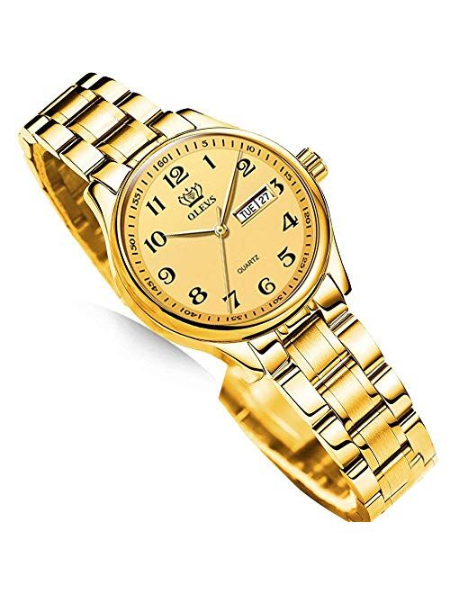 OLEVS Luxury Ladies Watches,Women's Watch with Day and Date,Female Watch for Small Wrist,Gold Stainless Steel Watches for Women,Black Roman Numerals Watch Women,Easy Read