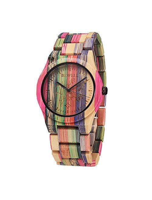 Bewell Wooden Watches Ultra-Thin Minimalist Waterproof Fashion Colorful Wood Wrist Watch for Men Unisex Dress Wooden Band