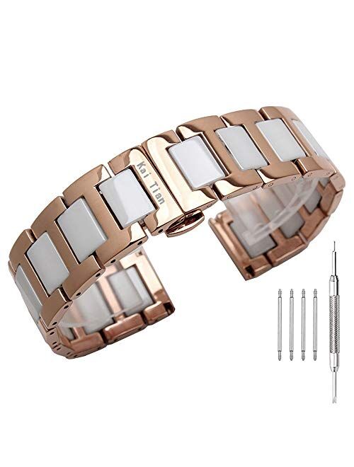 Kai Tian Stainless Steel Ceramic Watch Band Links 18mm/20mm/22mm Watch Wrist Bands Mens Watch Bracelet with Butterfly Buckle