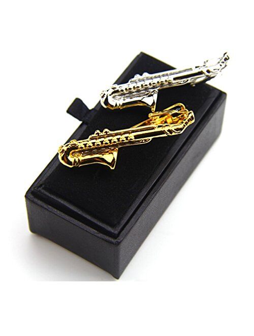 ZUNON Saxophone Tie Clips Sax Tie Bar Tacks Mens Silver Golden Tone Music Instrument Tie Clasps Musician Gifts