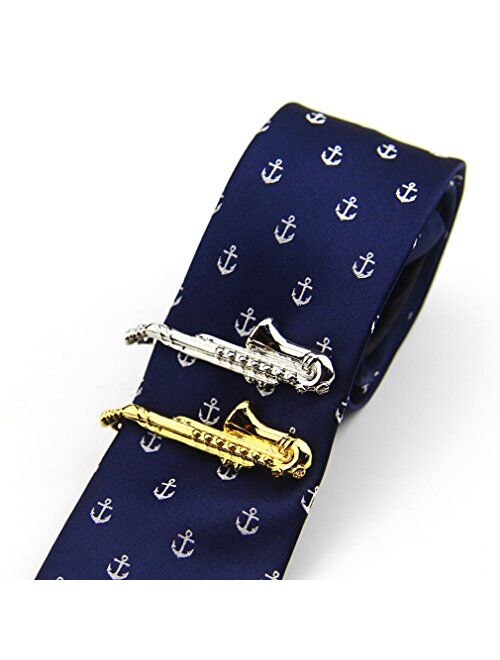 ZUNON Saxophone Tie Clips Sax Tie Bar Tacks Mens Silver Golden Tone Music Instrument Tie Clasps Musician Gifts