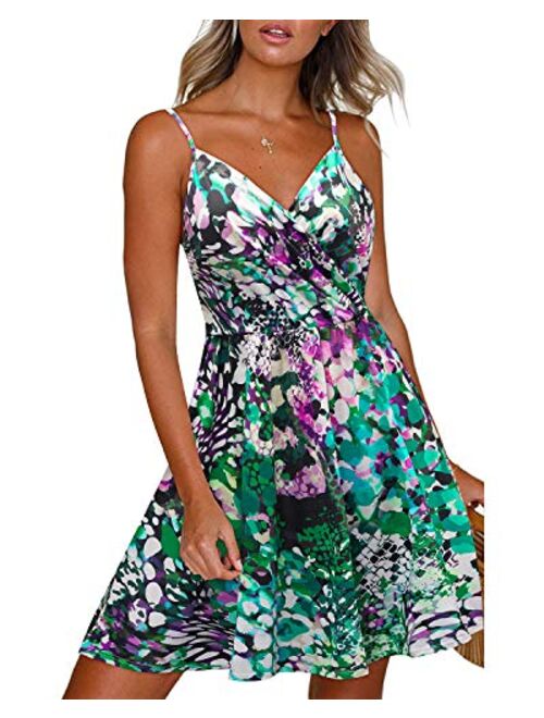 Newshows Women's Summer Dress Floral Spaghetti Strap Sleeveless V-Neck Casual Swing Sundress with Pockets