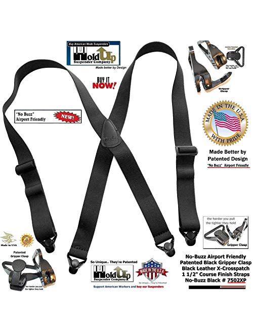 Holdup Suspender Company All black No-buzz Airport Friendly X-back Suspenders with Patented composite plastic Gripper Clasps