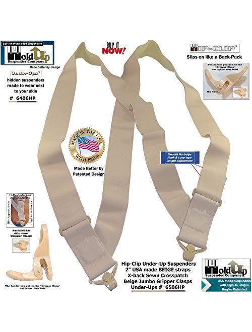 Holdup Brand 2" Wide Light tan hidden Under-Up side clip Suspenders with Patented Jumbo Tan Gripper Clasps