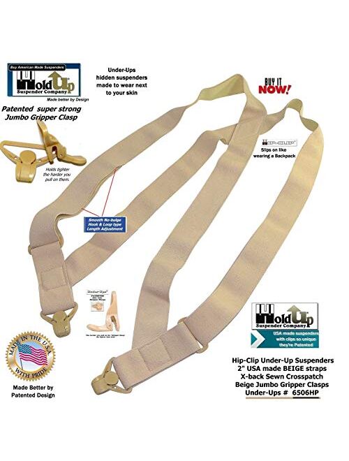 Holdup Brand 2" Wide Light tan hidden Under-Up side clip Suspenders with Patented Jumbo Tan Gripper Clasps