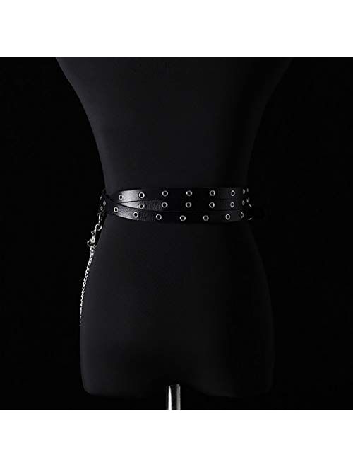 Nicute Punk Leather Waist Chain Belt Layered Ring Belly Chains Dance Body Accessories for Women and Girls (Black)