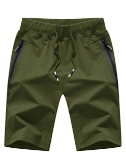 Mens Shorts Casual Workout Drawstring Shorts with Elastic Waist and Zipper Pockets