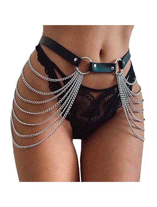 Victray Punk Black Waist Chain Belt Leather Layered Belly Body Chains Rave Body Jewelry Accessories for Women and Girls (Black)