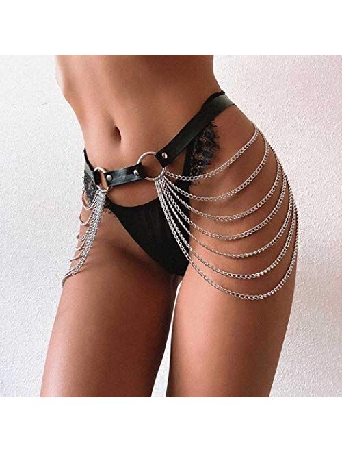 Victray Punk Black Waist Chain Belt Leather Layered Belly Body Chains Rave Body Jewelry Accessories for Women and Girls (Black)