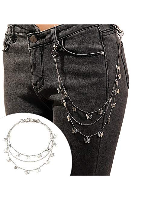 Riymusry Punk Body Chain Goth Street Butterfly Belt Waist Chain Pants Chain Multi Layer Hiphop Hook Trousers Keychain Jewelry for Male Women (Silver)