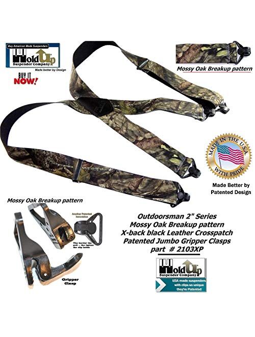 Holdup Brand Mossy Oak Breakup Trademarked Camo Pattern X-Back Suspenders with Patented Gripper Clasps