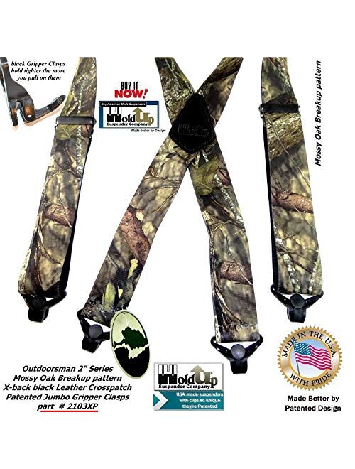Holdup Brand Mossy Oak Breakup Trademarked Camo Pattern X-Back Suspenders with Patented Gripper Clasps