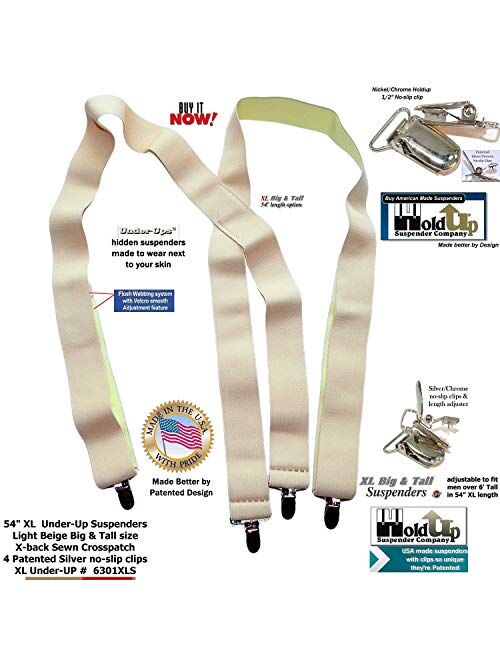 Holdup Suspender Company Hidden Undergarment X-back Beige Suspenders with No-slip Silver Clips