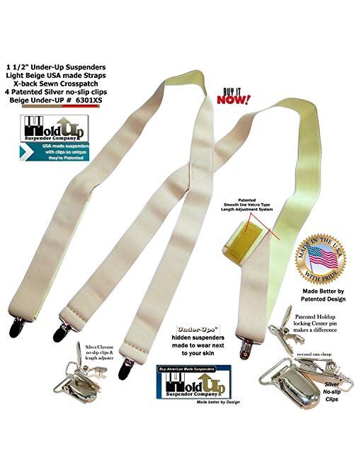 Holdup Suspender Company Hidden Undergarment X-back Beige Suspenders with No-slip Silver Clips