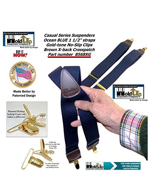 Holdup USA made Deep Ocean Blue X-back Suspenders with Patented Gold-Tone No-slip Center pin Clips