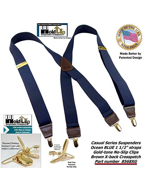 Holdup USA made Deep Ocean Blue X-back Suspenders with Patented Gold-Tone No-slip Center pin Clips