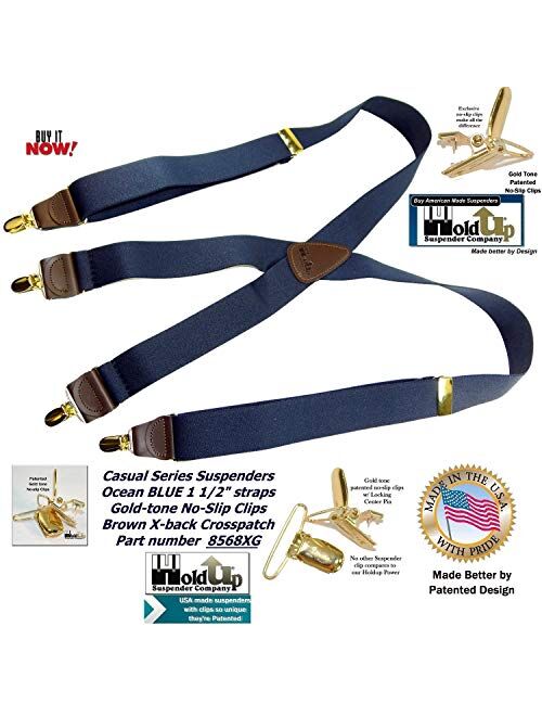 Holdup USA made Deep Ocean Blue X-back Suspenders with Patented Gold-Tone No-slip Center pin Clips