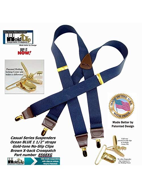 Holdup USA made Deep Ocean Blue X-back Suspenders with Patented Gold-Tone No-slip Center pin Clips