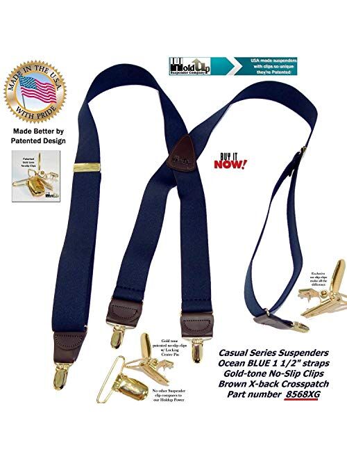 Holdup USA made Deep Ocean Blue X-back Suspenders with Patented Gold-Tone No-slip Center pin Clips