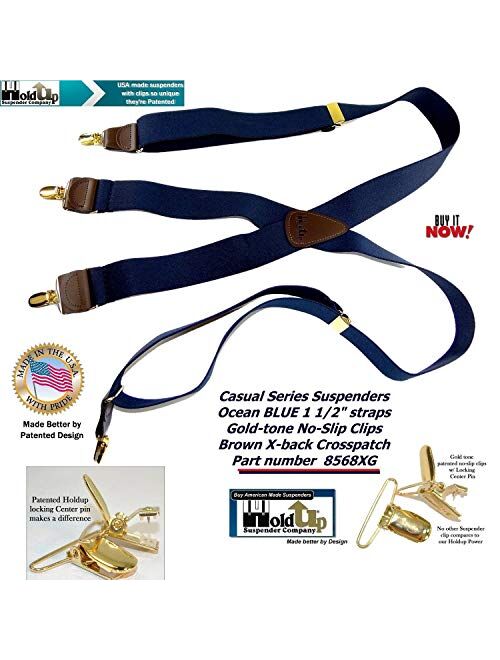 Holdup USA made Deep Ocean Blue X-back Suspenders with Patented Gold-Tone No-slip Center pin Clips