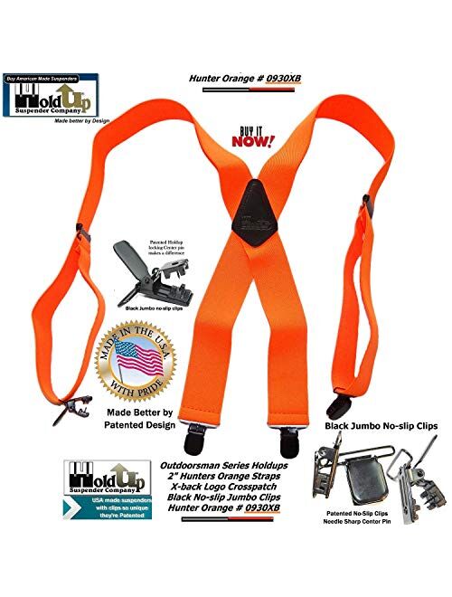 Holdup Brand Hunter Orange Outdoorsman X-back Suspenders with Jumbo Patented black No-slip Clips