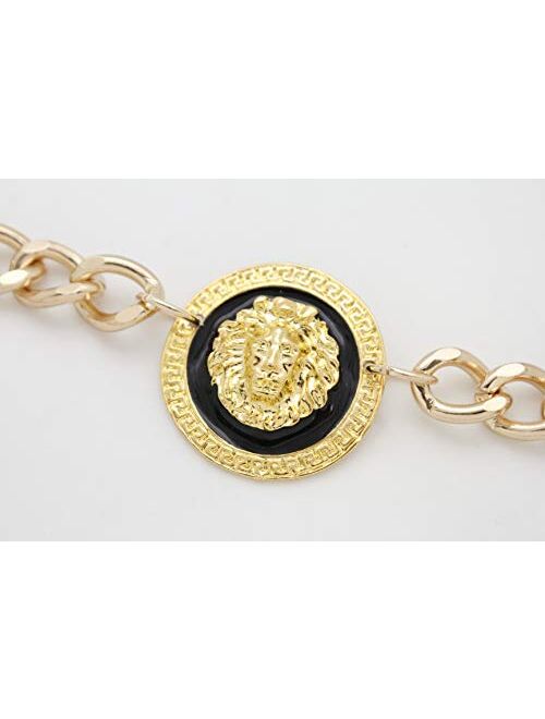 TFJ Women Trendy Fashion Gold Metal Chain Links Belt Waist Hip Lion Head Charm Fits Size M L XL