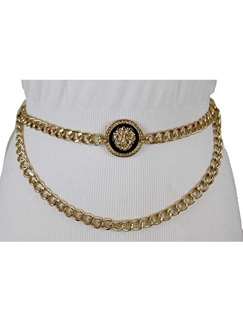 TFJ Women Trendy Fashion Gold Metal Chain Links Belt Waist Hip Lion Head Charm Fits Size M L XL