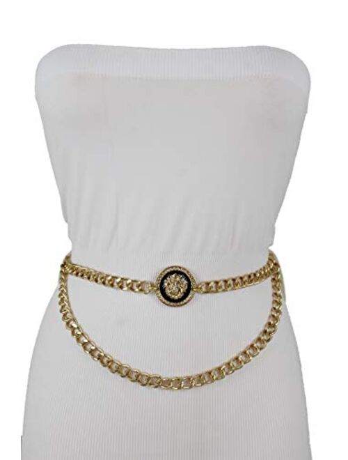 TFJ Women Trendy Fashion Gold Metal Chain Links Belt Waist Hip Lion Head Charm Fits Size M L XL