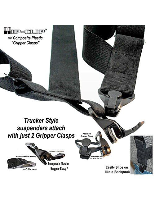 Hold-Up Black Hip-clip Style Suspenders 1 1/2" Wide with Patented Gripper Clasps