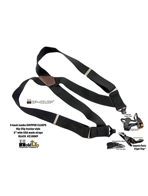 Hold-Up Black Hip-clip Style Suspenders 1 1/2" Wide with Patented Gripper Clasps