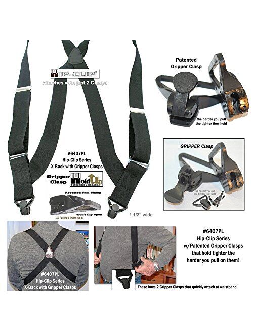 Hold-Up Black Hip-clip Style Suspenders 1 1/2" Wide with Patented Gripper Clasps