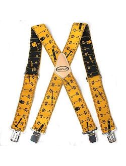 Mens Suspenders 2" Wide Adjustable and Elastic Braces X Shape with Very Strong Clips - Heavy Duty tape measure suspenders Gag gift for men