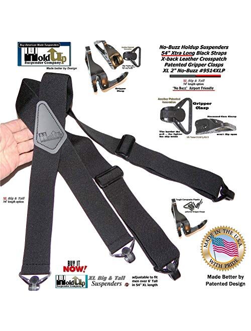 Holdup brand 2" wide XL Airport Friendly Black X-back Suspenders Jumbo black Patented Gripper Clasps