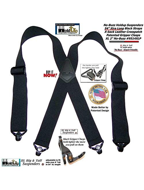 Holdup brand 2" wide XL Airport Friendly Black X-back Suspenders Jumbo black Patented Gripper Clasps